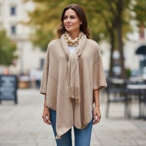 Chic Beige Women's Poncho Sweater With Attached Scarf